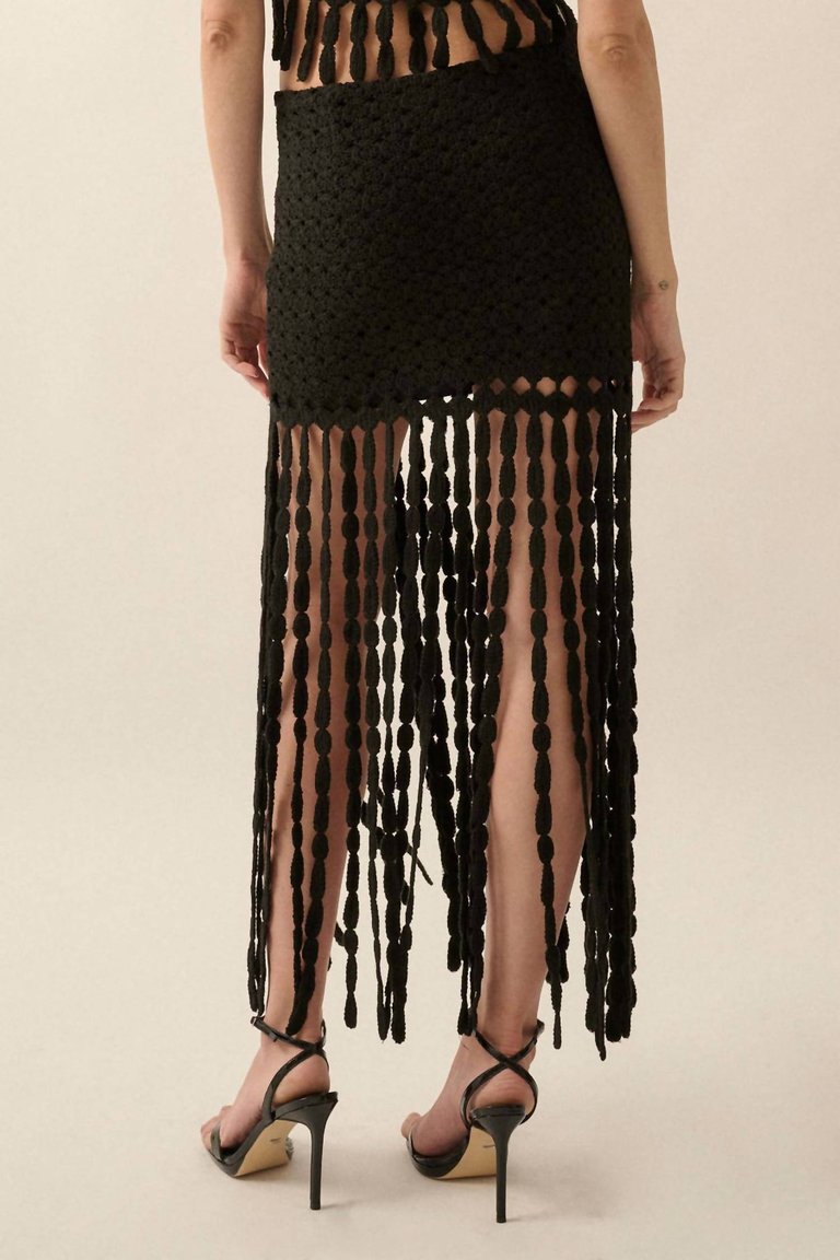 Solid Crochet Eyelet-Knit Fringe Maxi Skirt In Black