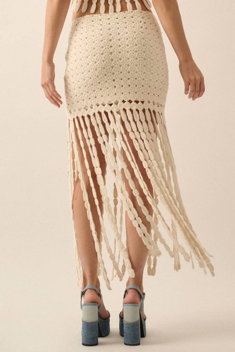 Solid Crochet Eyelet-Knit Fringe Maxi Skirt In Off White