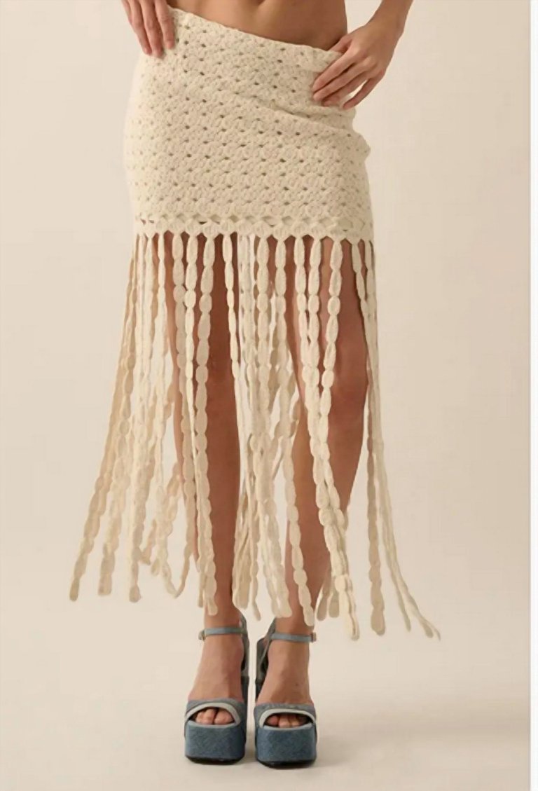 Solid Crochet Eyelet-Knit Fringe Maxi Skirt In Off White - Off White