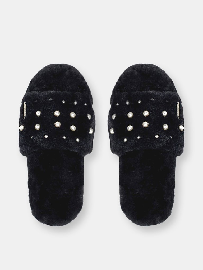 Faux Fur Pearl Slide Slippers | Black - Black Pearl