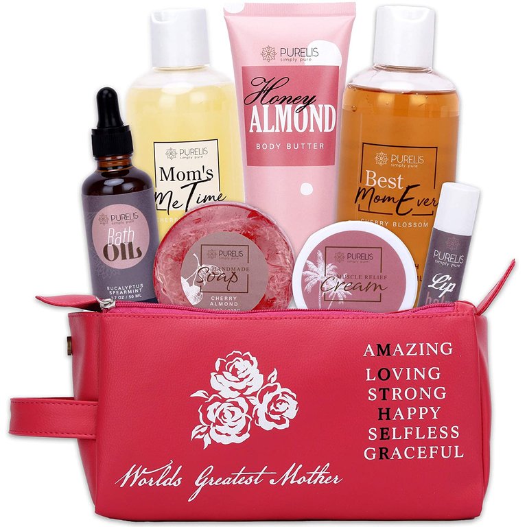 Bath Spa Gift Basket For Mom! With 7 Pampering Spa Products In A Sweet Pink Tote