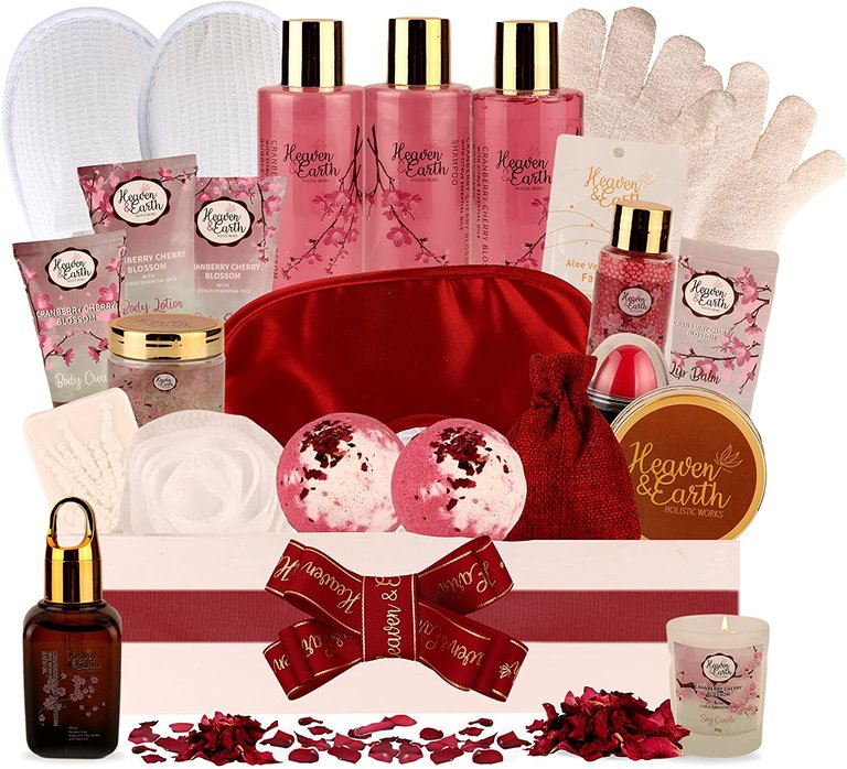 Cranberry & Cherry Blossom Spa Gift Basket for Women. Luxurious Holiday Bath Gift Set