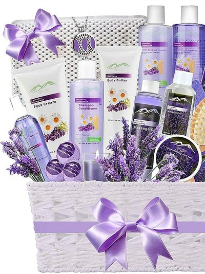 Pure Parker Extra Large Lavender & Chamomile Bath Gift Basket. Premium Pampering Home Spa Kit with Bath Pillow and Aromatherapy Necklace product
