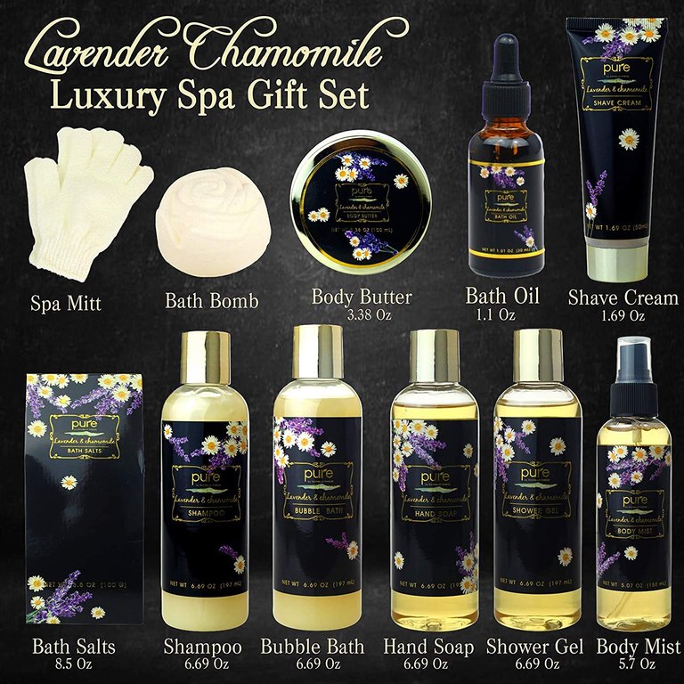 Lavender Chamomile Natural Spa Bath Set, Lavender Aromatherapy Luxurious Bath Gift Set 8 Piece Home Spa Kit. Best Relaxing Gift Basket