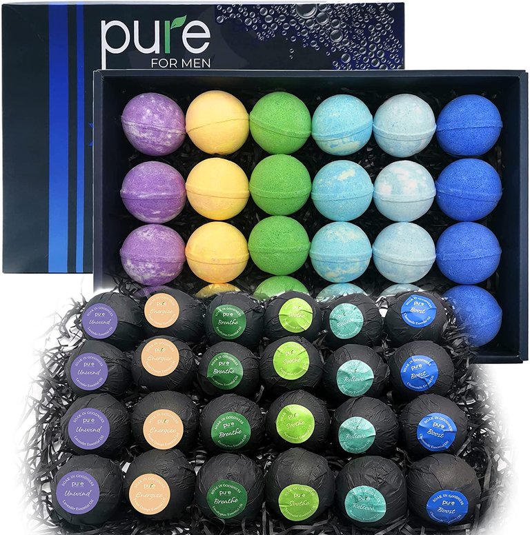 Men's Bath Bombs Gift Set. 24 Therapeutic Shea Bath Bombs With Moisturizing & Essential Oils. 6-Scent Pack