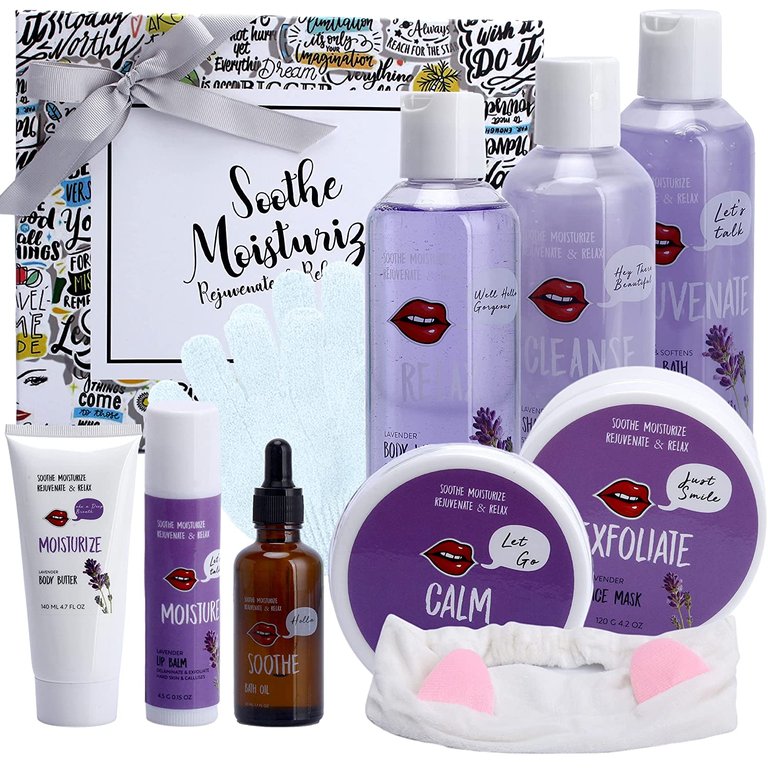 Romantic Lavender Spa Gift Baskets For Women. Contains Face Mask Headband & More