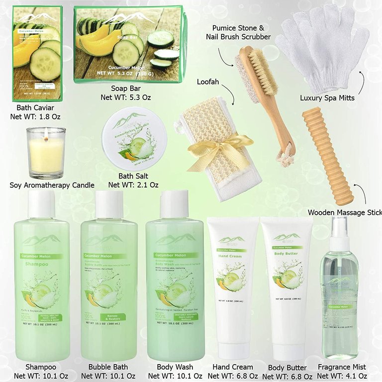 Cucumber Melon Bath and Body Spa Gift Basket for Women and Men