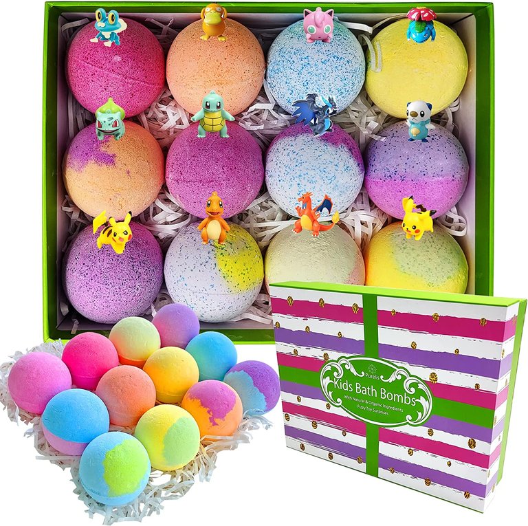 Natural Bath Bombs For Kids With Pokemon Toys Inside! Great 12 Piece Gift Set For Boys And Girls