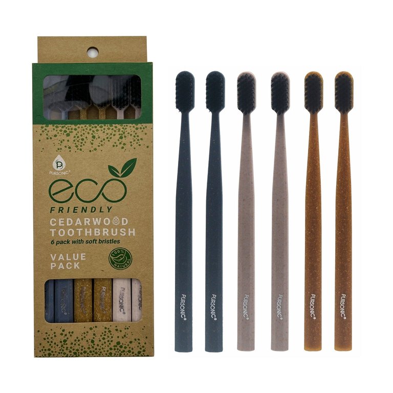 100% Eco-Friendly Cedarwood Toothbrushes - 6 Pack