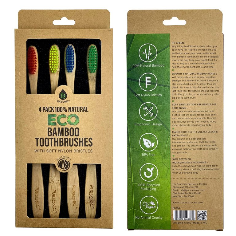 100% Natural Eco Bamboo Toothbrushes - 4 Pack