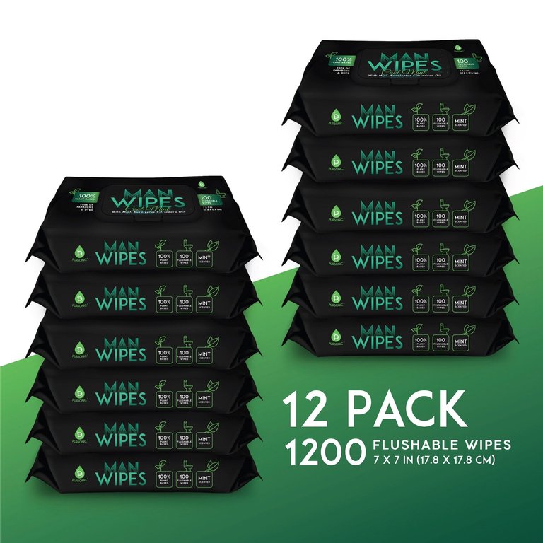 12 Pack Of Flushable Man Wipes - 1200 Mint Scented Wipes