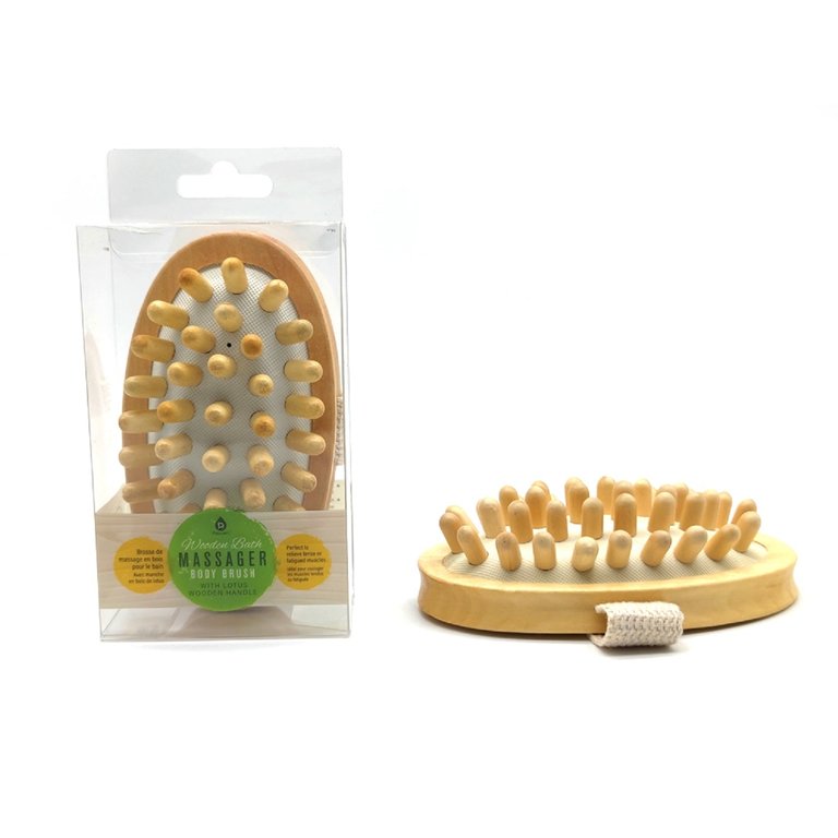 Boar Bristle Bath Brush & Rubber Massager With Lotus Wooden Handle