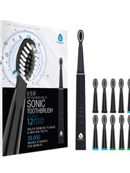 USB Rechargeable Sonic Toothbrush With 12 Brush Heads - Black