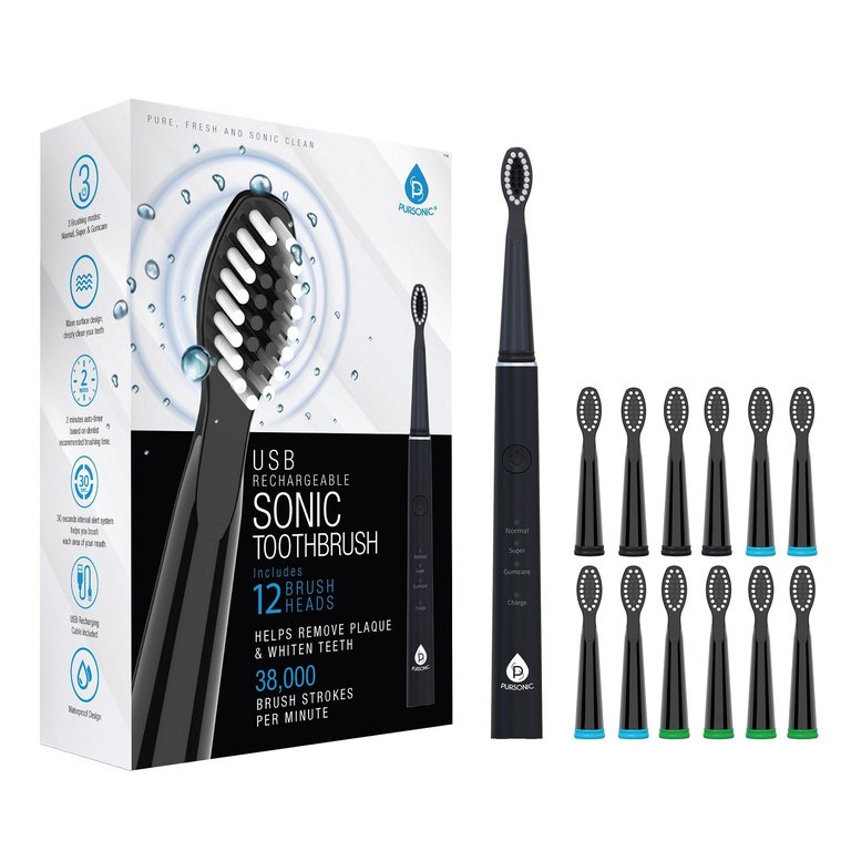 USB Rechargeable Sonic Toothbrush With 12 Brush Heads - Black