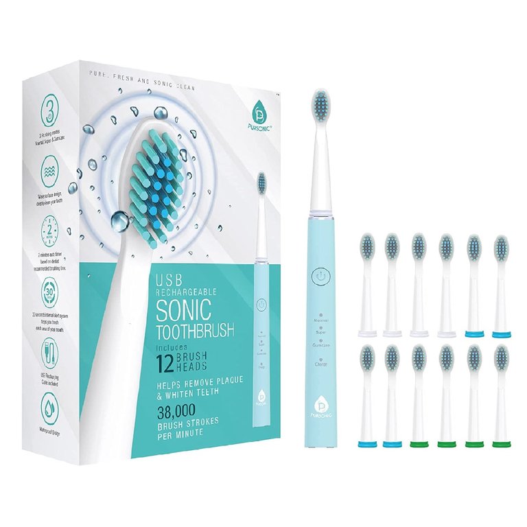 USB Rechargeable Sonic Toothbrush With 12 Brush Heads - Green
