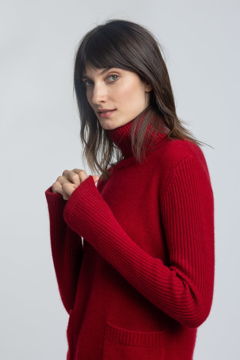 Double Pocket Cashmere Turtleneck Sweater - Red