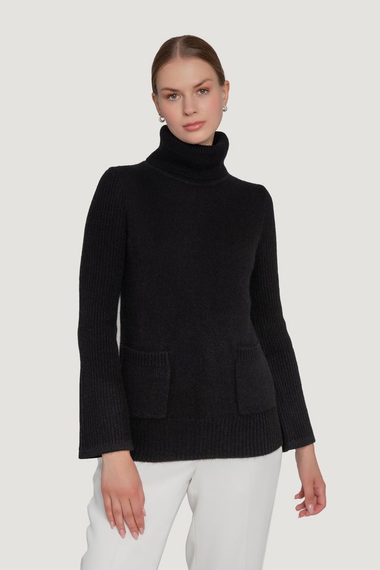 Double Pocket Cashmere Turtleneck Sweater - Black