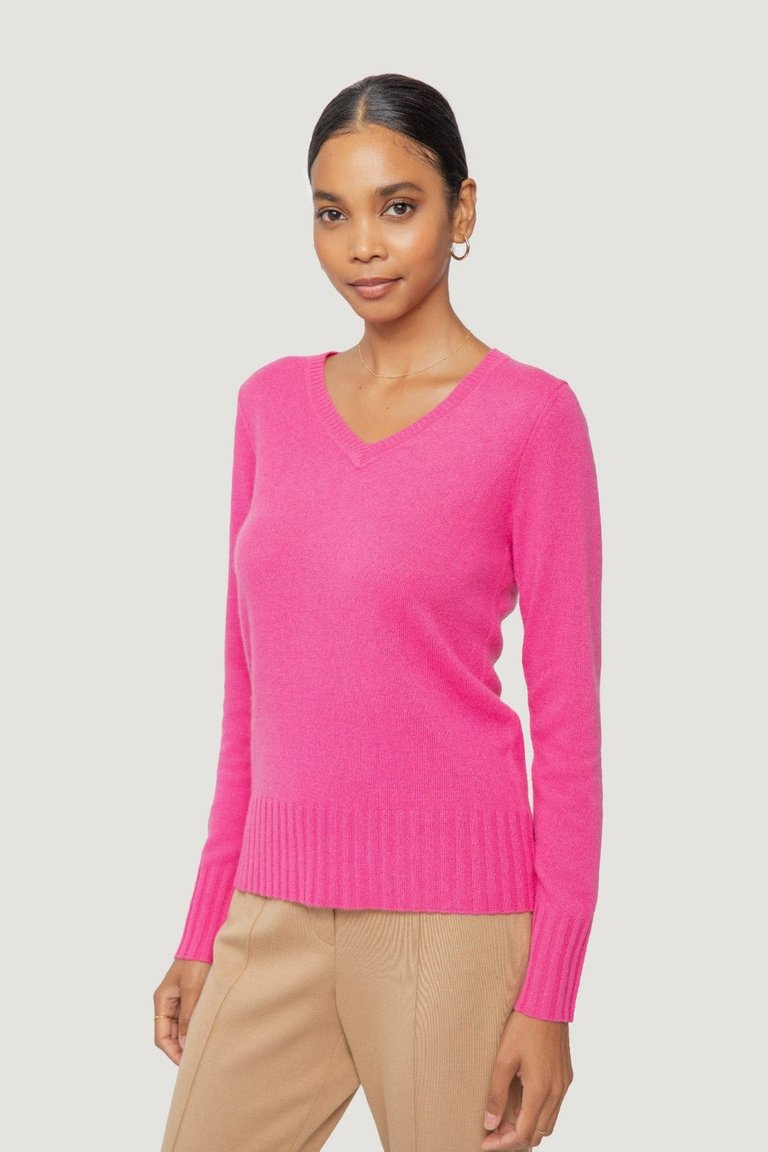 Kim Cashmere V-Neck Sweater - Hot Pink