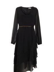 Black Long Sleeve Chain Belt Midi Dress