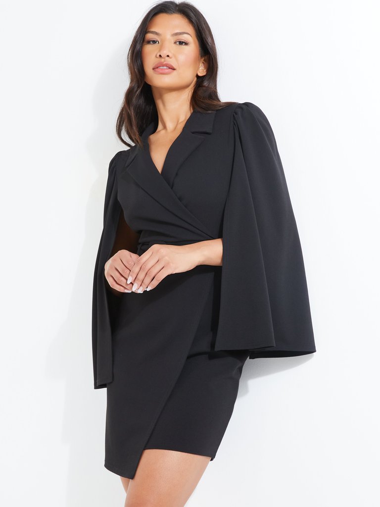 Cape Sleeve Mini Dress - Black