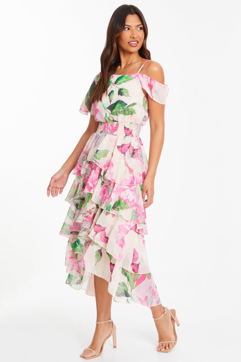 Chiffon Cold Shoulder Tiered Dip Dress