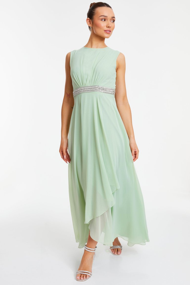 Chiffon Embellished Round Neck Evening Dress - Green