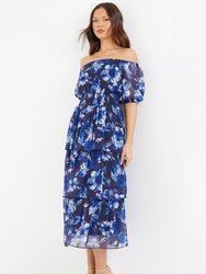 Chiffon Floral Bardot Tiered Midi Dress - Blue