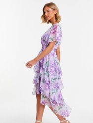 Chiffon Floral Tiered Dip Hem Dress