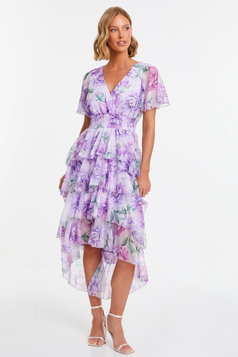 Chiffon Floral Tiered Dip Hem Dress - Purple