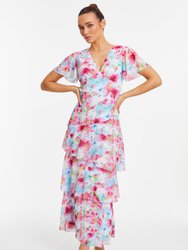 Chiffon Floral V-Neck Frill Maxi Dress - Multi