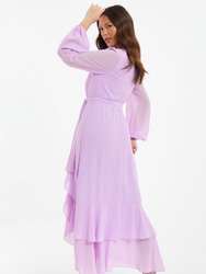 Chiffon Frill Detail Long Sleeve Midi Dress