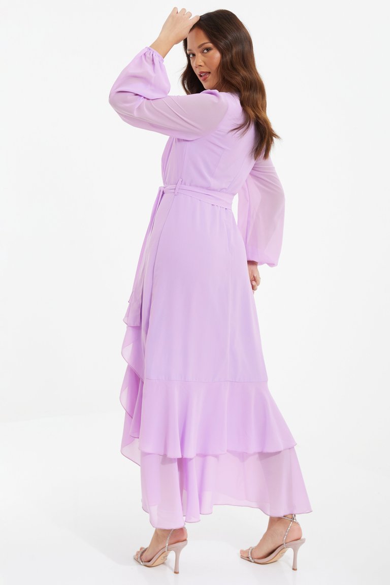 Chiffon Frill Detail Long Sleeve Midi Dress