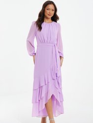 Chiffon Frill Detail Long Sleeve Midi Dress - Purple