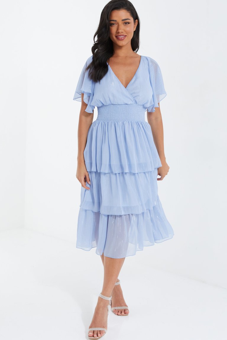 Chiffon Glitter Tier Layer Midi Dress - BLUE - Blue