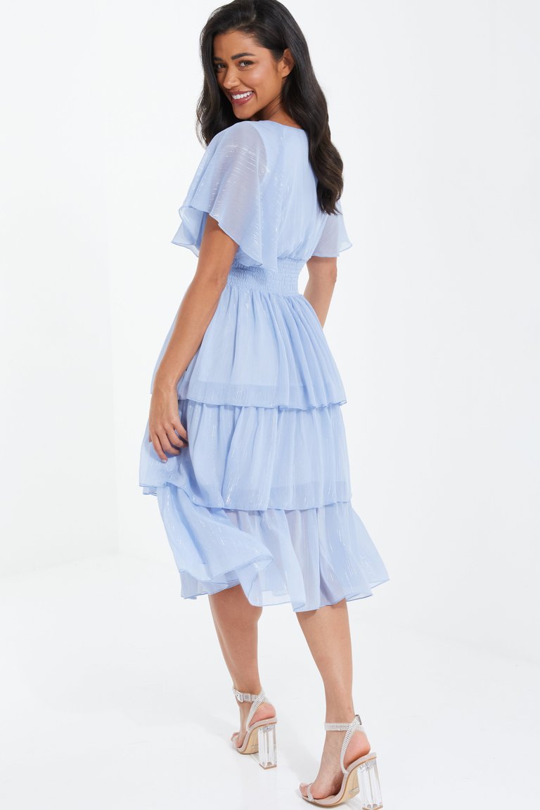 Chiffon Glitter Tier Layer Midi Dress - BLUE