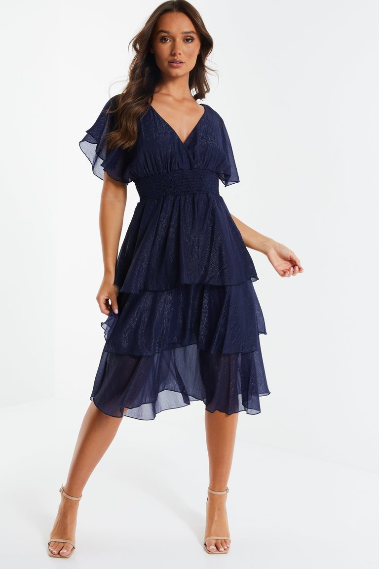 Chiffon Glitter Tiered Midi Dress - Navy