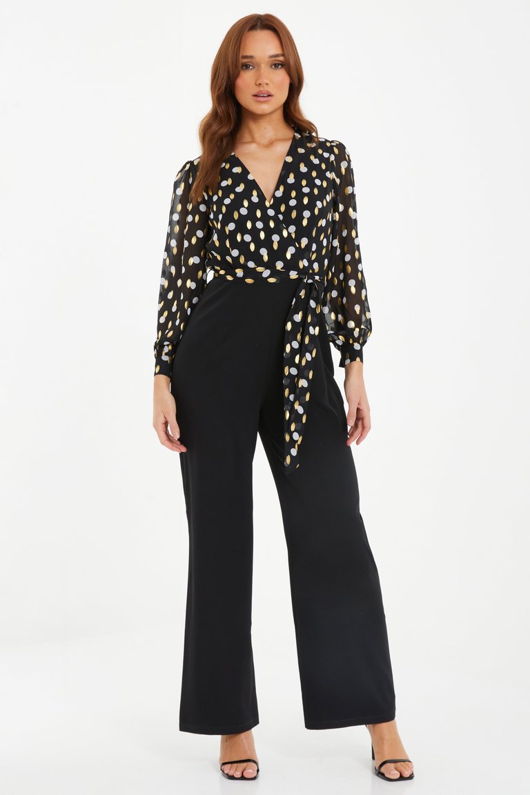 Chiffon Gold & White Polka Dot Jumpsuit - Black