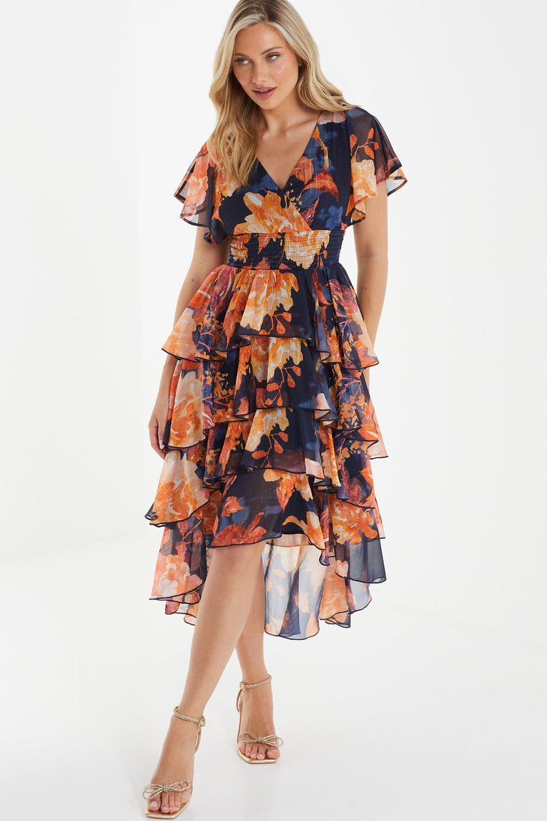 Chiffon Lurex Tiered Dress - Blue