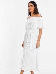 Chiffon Pleated Bardot Midi Dress