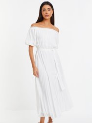 Chiffon Pleated Bardot Midi Dress - White