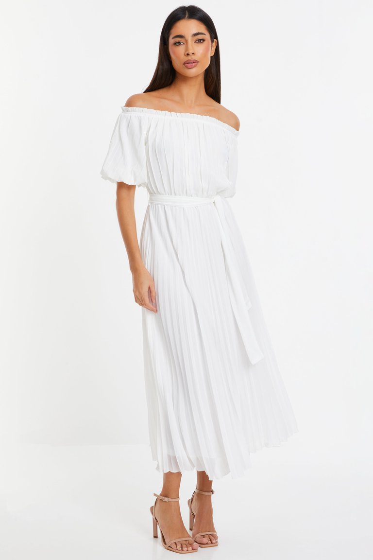 Chiffon Pleated Bardot Midi Dress - White