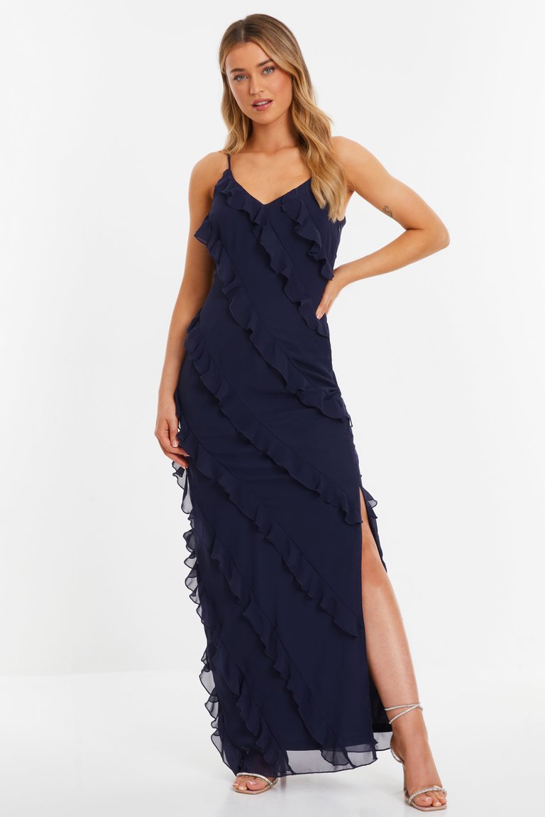 Chiffon Ruffle Maxi Dress - Blue