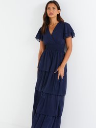 Chiffon Wrap Tiered Maxi Dress - Blue