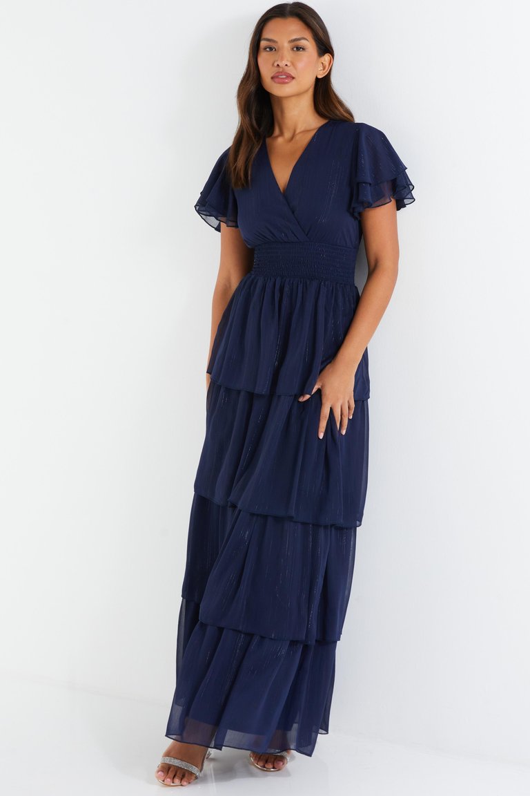 Chiffon Wrap Tiered Maxi Dress - Blue