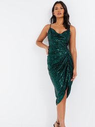 Cowl Strappy Sequin Ruched Midi Dress - Green