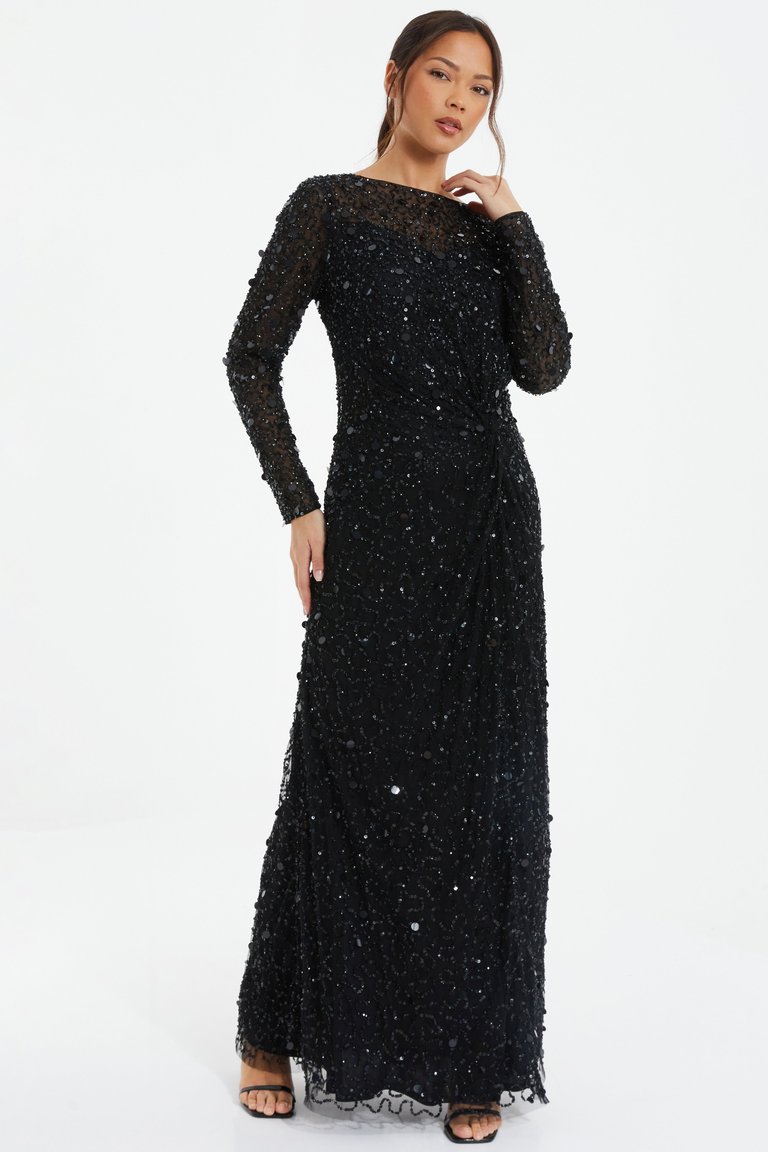 Embellished Twist Detail Evening Dress - Black