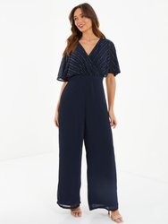 Embellished Wrap Between Palazzo Jumpsuit - Blue