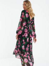 Floral Chiffon Dip Hem Midi Dress