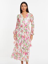 Floral Chiffon Jacquard Button Detail Dress - Neutral