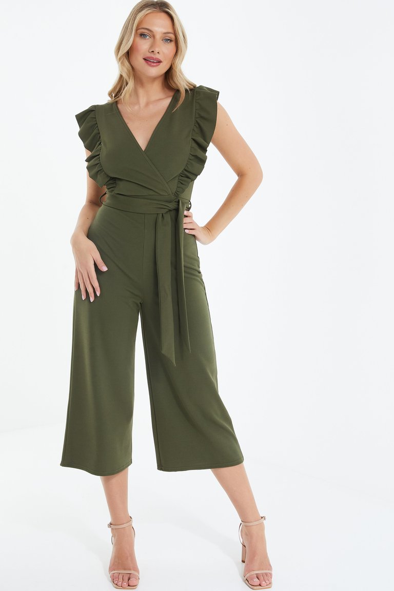 Frill Detail Culotte Jumpsuit - Khaki - Khaki